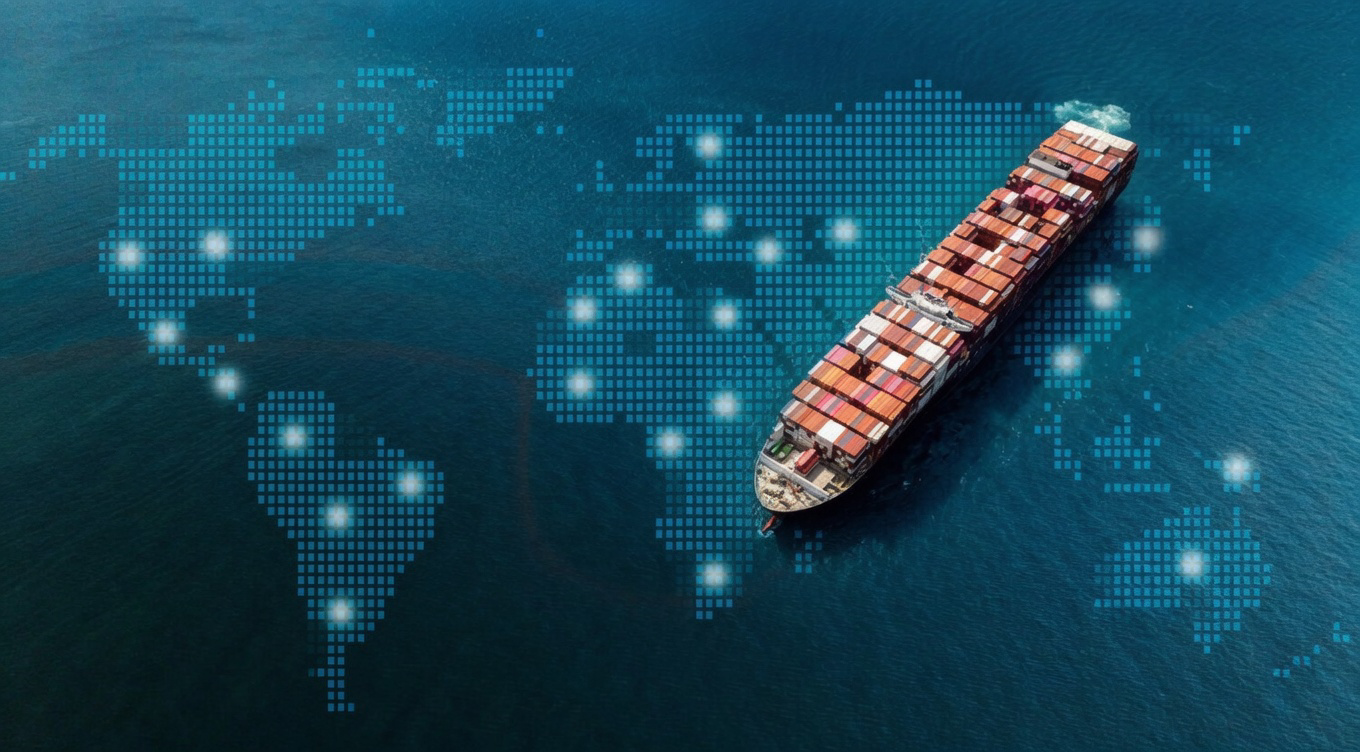 Container vessel shown against a global shipping network